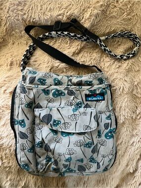 Kavu Teal and Gray Floral Canvas Crossbody Bag